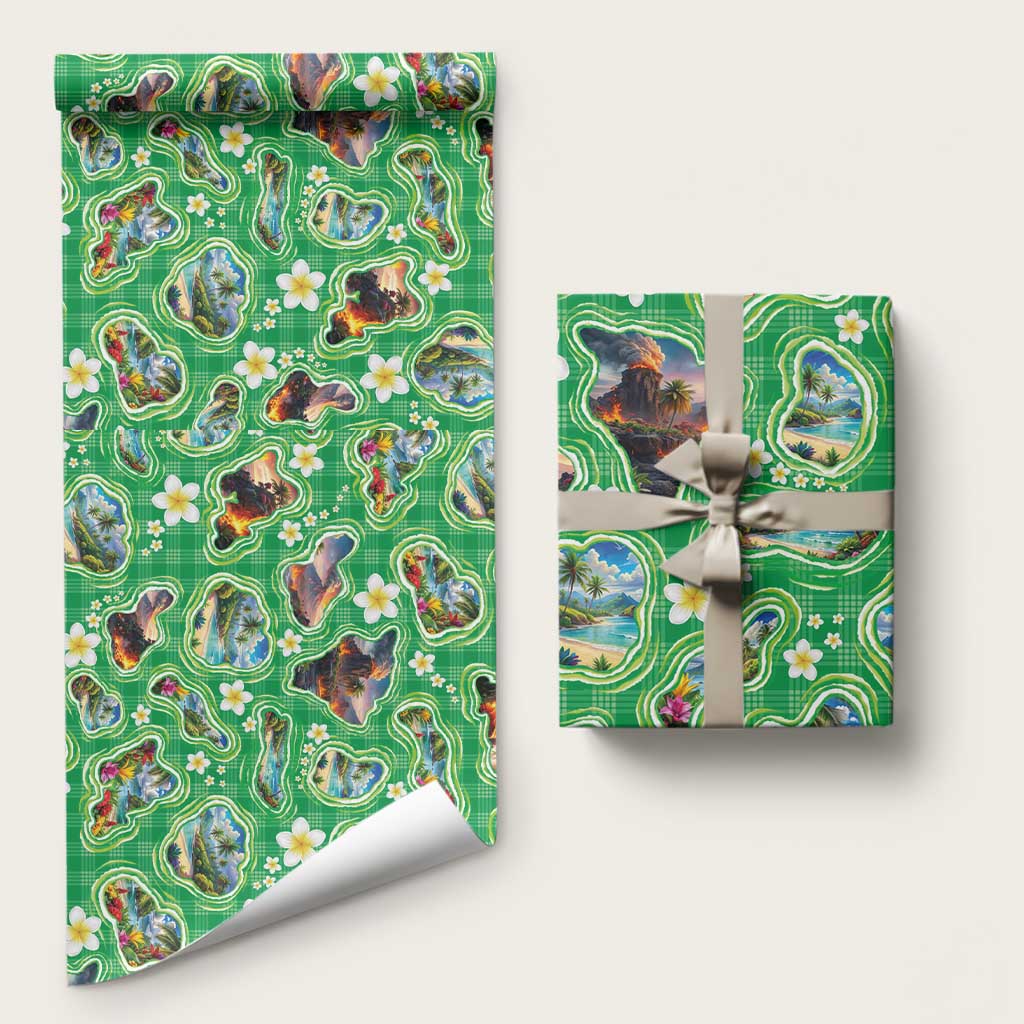 Hawaii Map with Plumeria Flower and Palaka Pattern Wrapping Paper Tropical Island Green Design
