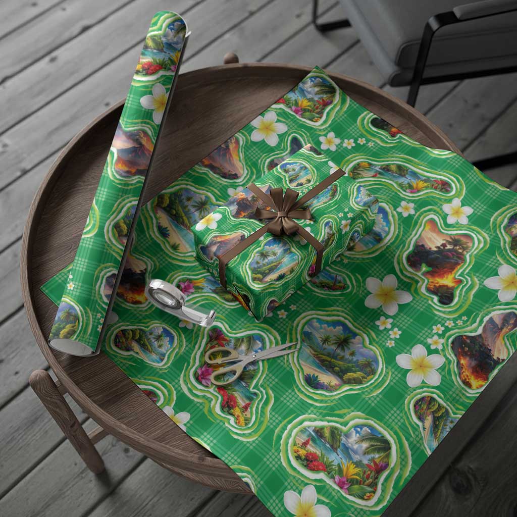 Hawaii Map with Plumeria Flower and Palaka Pattern Wrapping Paper Tropical Island Green Design