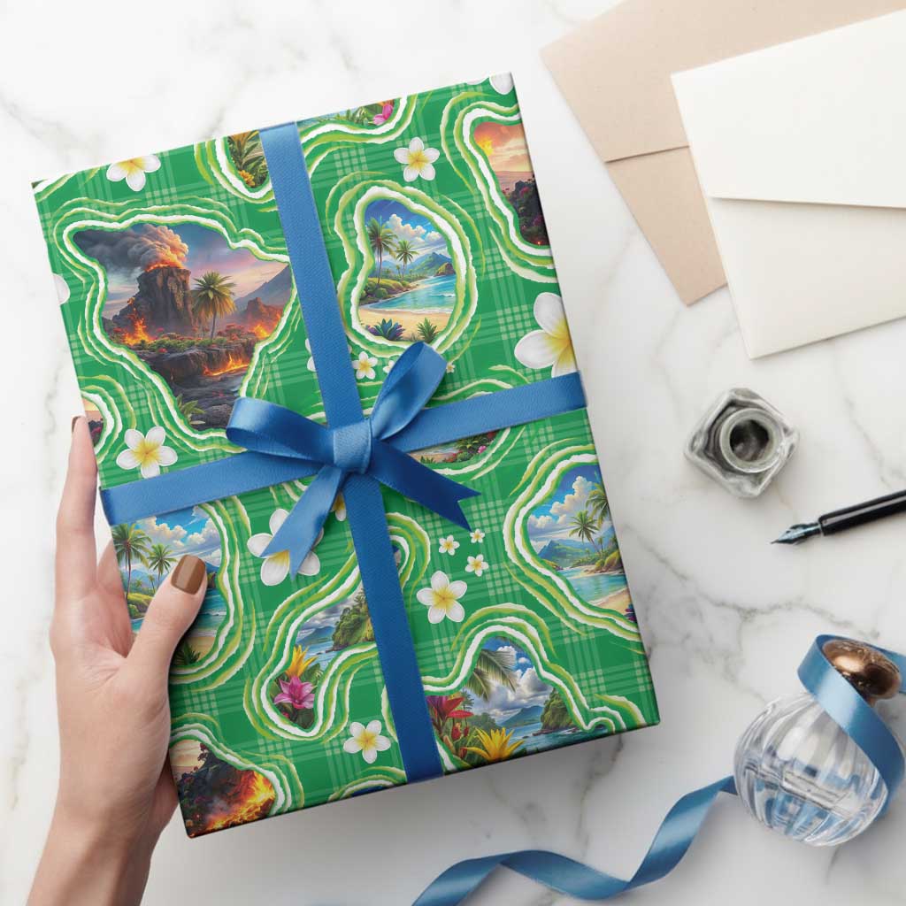 Hawaii Map with Plumeria Flower and Palaka Pattern Wrapping Paper Tropical Island Green Design