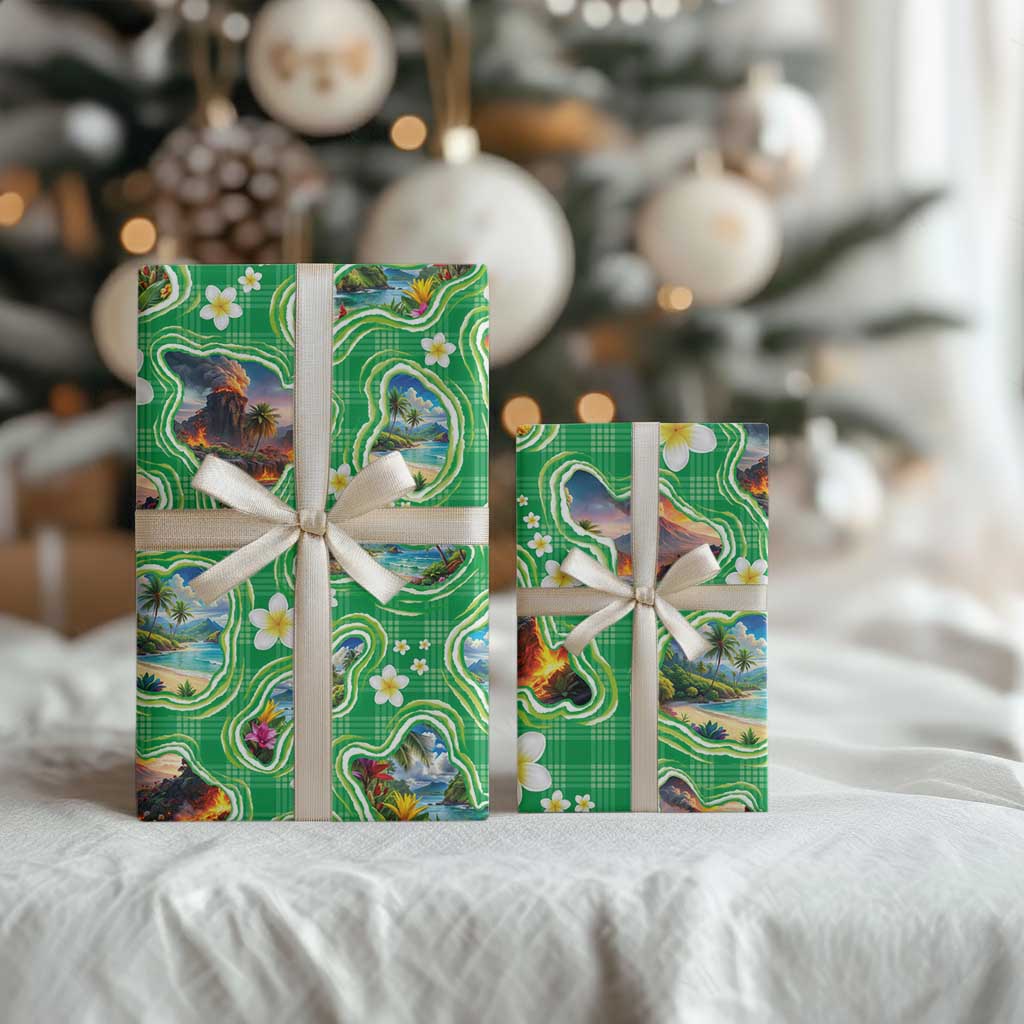 Hawaii Map with Plumeria Flower and Palaka Pattern Wrapping Paper Tropical Island Green Design