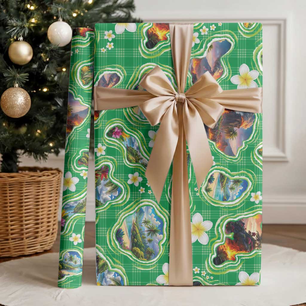 Hawaii Map with Plumeria Flower and Palaka Pattern Wrapping Paper Tropical Island Green Design