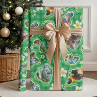 Hawaii Map with Plumeria Flower and Palaka Pattern Wrapping Paper Tropical Island Green Design
