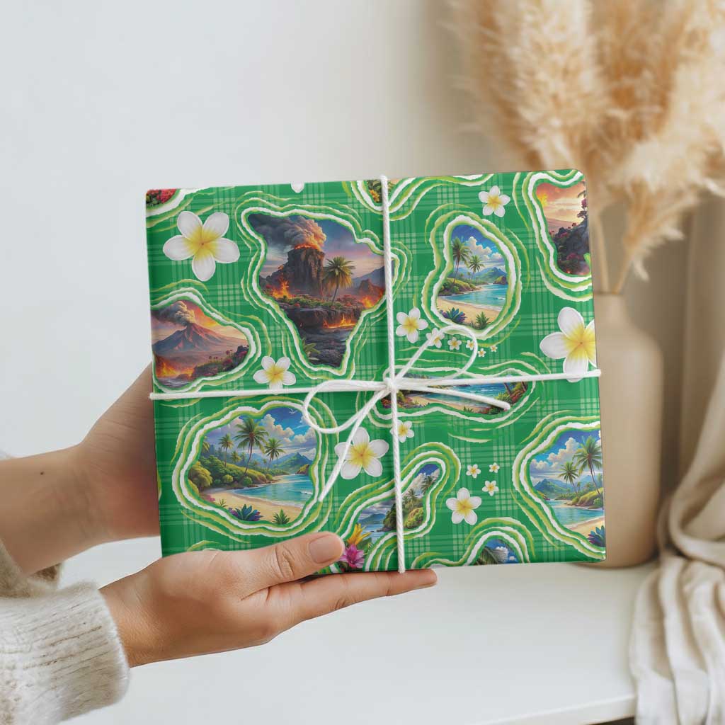 Hawaii Map with Plumeria Flower and Palaka Pattern Wrapping Paper Tropical Island Green Design