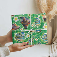 Hawaii Map with Plumeria Flower and Palaka Pattern Wrapping Paper Tropical Island Green Design