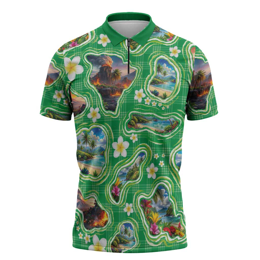 Hawaii Map with Plumeria Flower and Palaka Pattern Zipper Polo Shirt Tropical Island Green Design