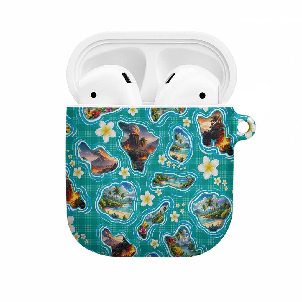 Hawaii Map with Plumeria Flower and Palaka Pattern AirPods Case Tropical Island Teal Design