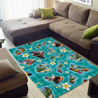 Hawaii Map with Plumeria Flower and Palaka Pattern Area Rug Tropical Island Teal Design