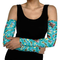 Hawaii Map with Plumeria Flower and Palaka Pattern Arm Sleeves Tropical Island Teal Design