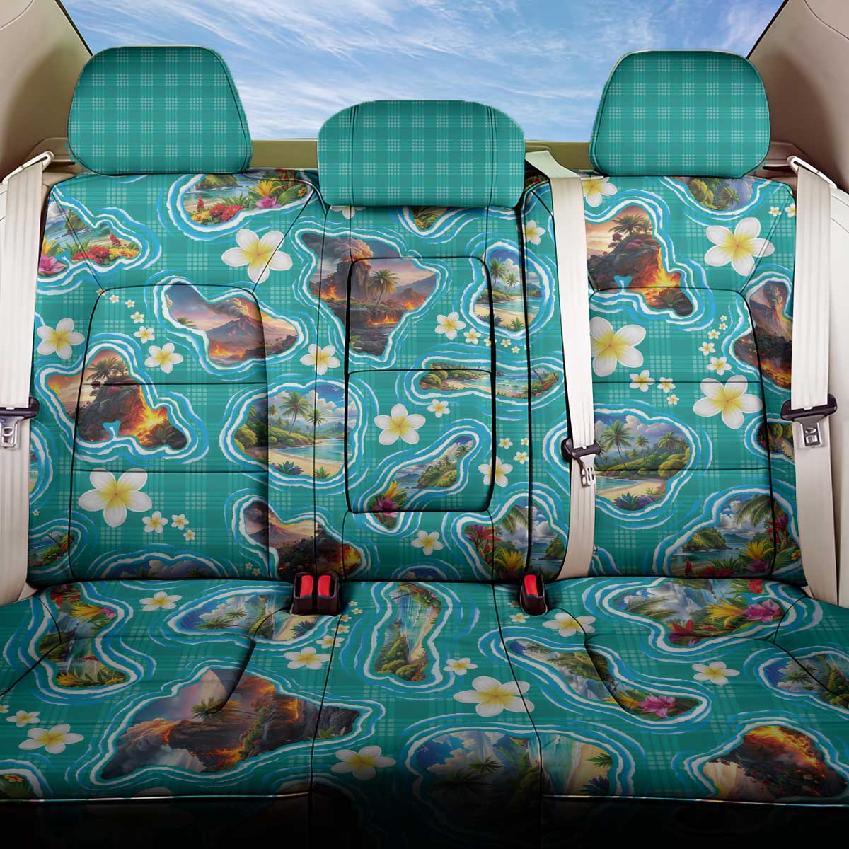 Hawaii Map with Plumeria Flower and Palaka Pattern Back Car Seat Cover Tropical Island Teal Design