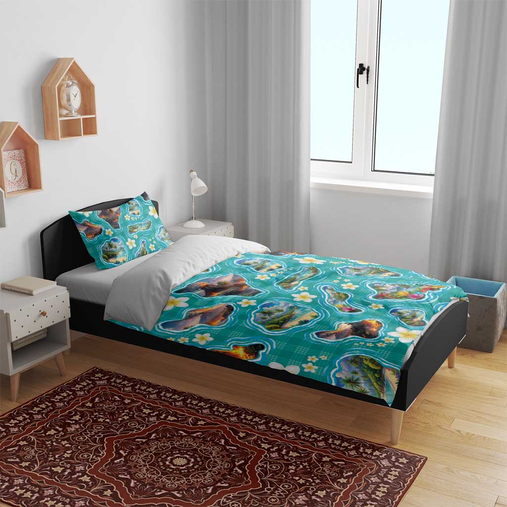 Hawaii Map with Plumeria Flower and Palaka Pattern Bedding Set Tropical Island Teal Design