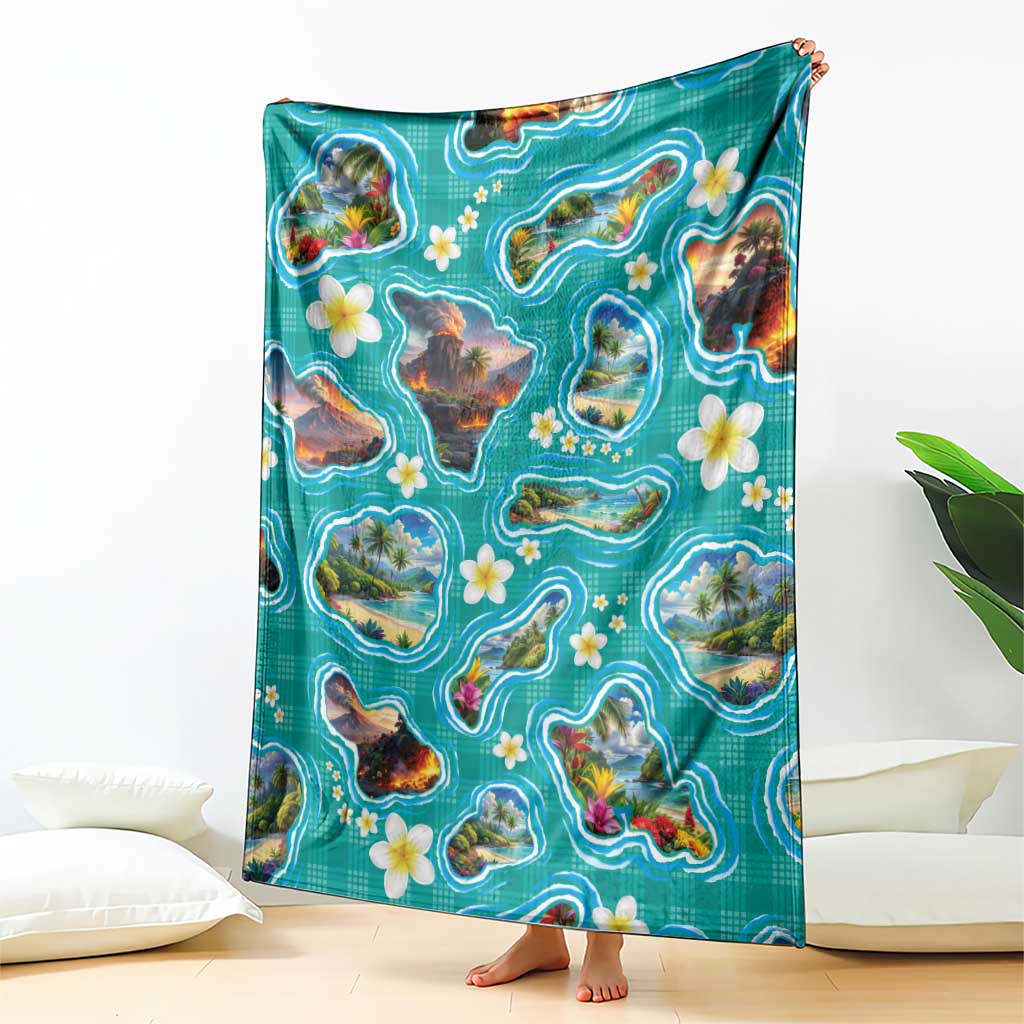 Hawaii Map with Plumeria Flower and Palaka Pattern Blanket Tropical Island Teal Design
