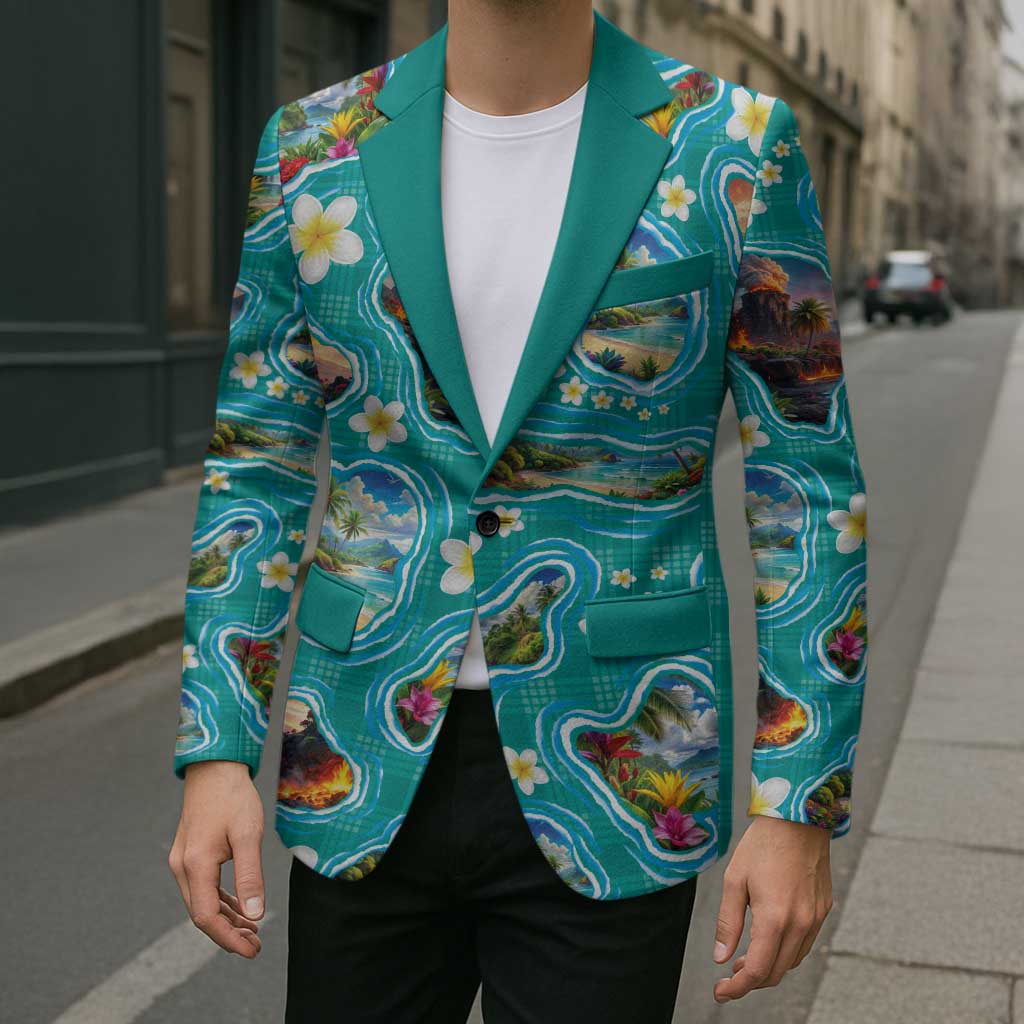 Hawaii Map with Plumeria Flower and Palaka Pattern Blazer Tropical Island Teal Design
