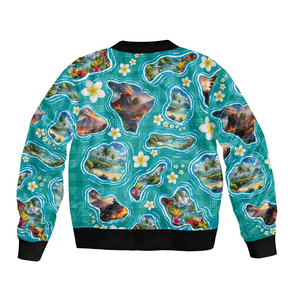 Hawaii Map with Plumeria Flower and Palaka Pattern Bomber Jacket Tropical Island Teal Design