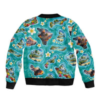 Hawaii Map with Plumeria Flower and Palaka Pattern Bomber Jacket Tropical Island Teal Design