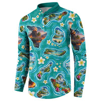 Hawaii Map with Plumeria Flower and Palaka Pattern Button Sweatshirt Tropical Island Teal Design