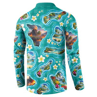 Hawaii Map with Plumeria Flower and Palaka Pattern Button Sweatshirt Tropical Island Teal Design
