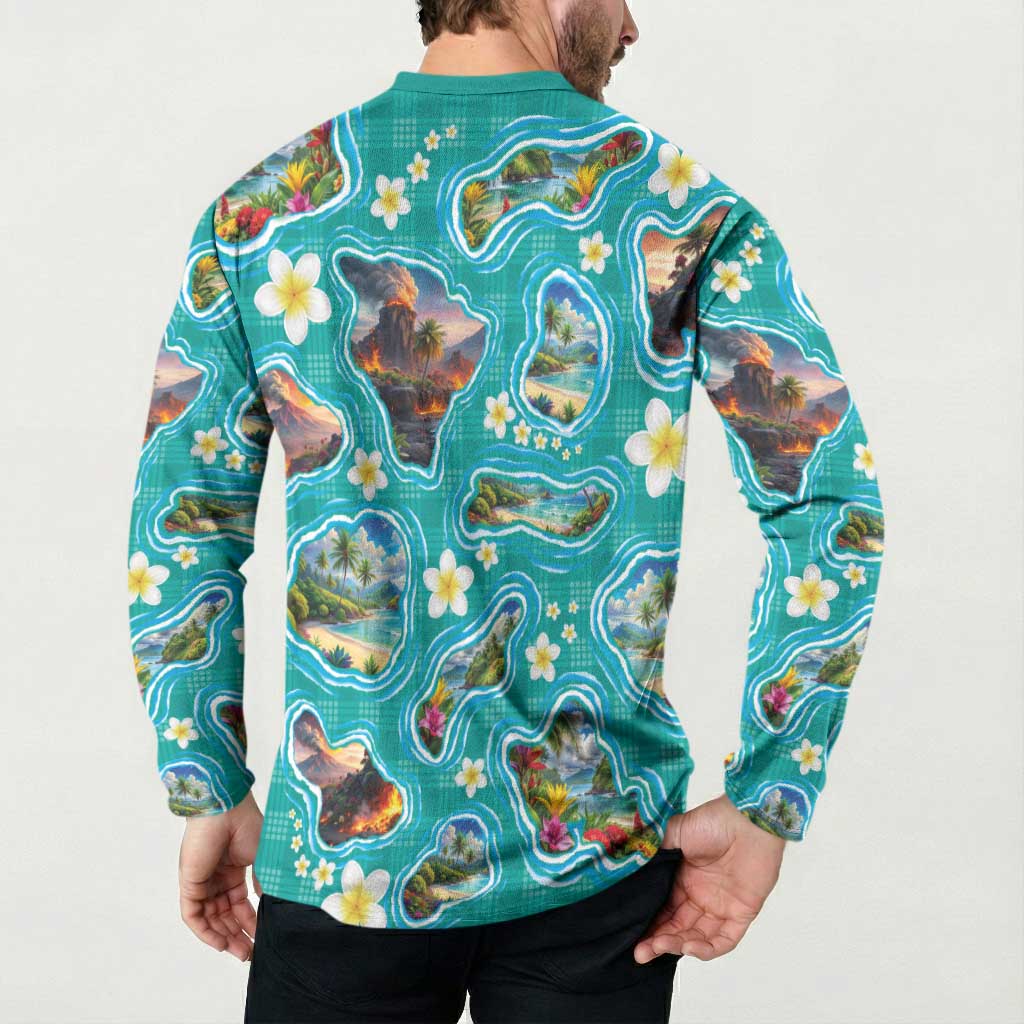 Hawaii Map with Plumeria Flower and Palaka Pattern Button Sweatshirt Tropical Island Teal Design