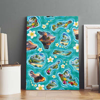 Hawaii Map with Plumeria Flower and Palaka Pattern Canvas Wall Art Tropical Island Teal Design