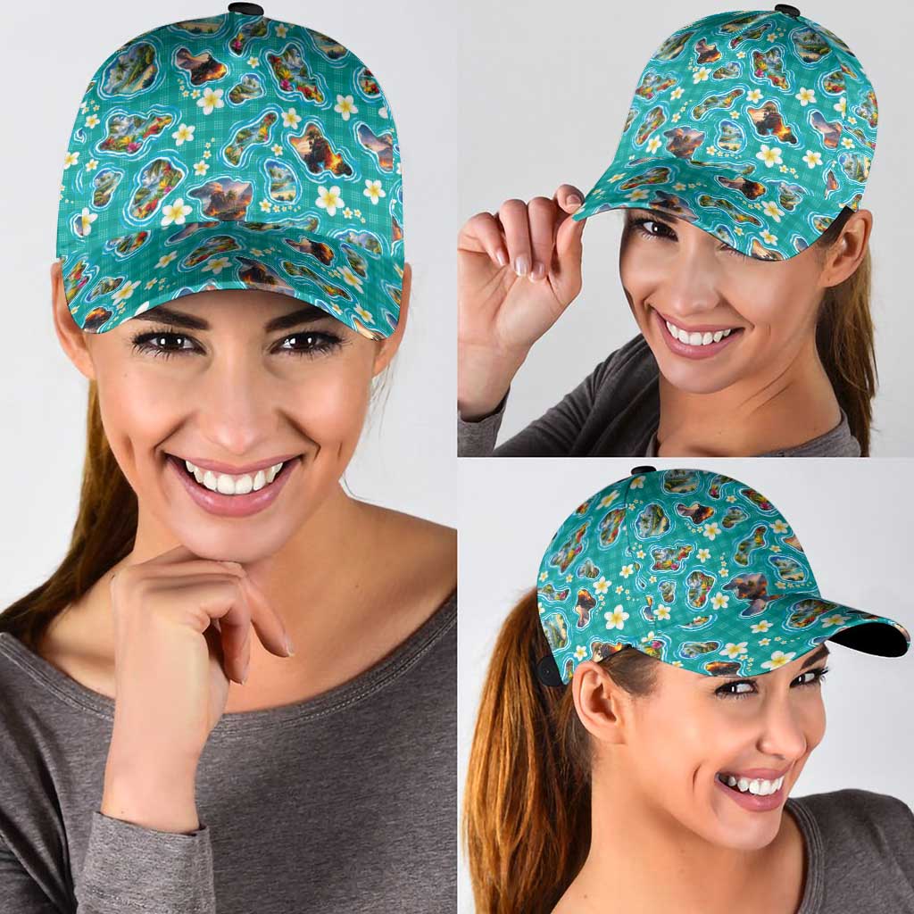 Hawaii Map with Plumeria Flower and Palaka Pattern Classic Cap Tropical Island Teal Design LT03 - Polynesian Pride