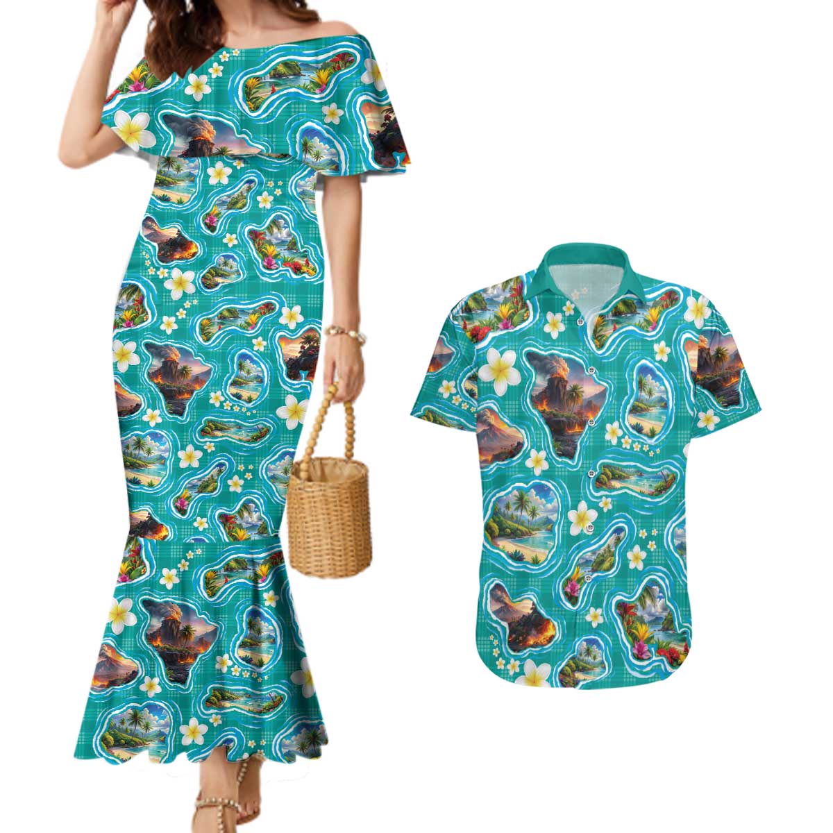 Hawaii Map with Plumeria Flower and Palaka Pattern Couples Matching Mermaid Dress and Hawaiian Shirt Tropical Island Teal Design LT03 Teal - Polynesian Pride
