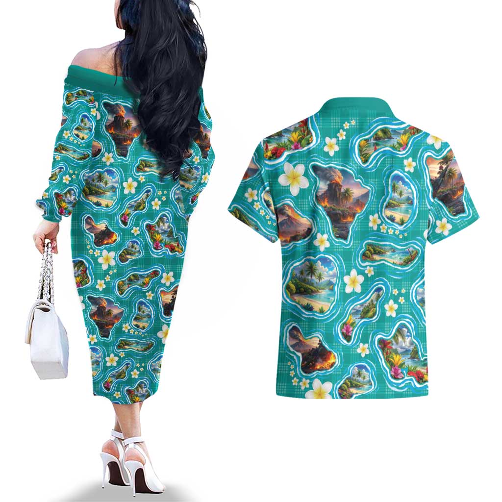 Hawaii Map with Plumeria Flower and Palaka Pattern Couples Matching Off The Shoulder Long Sleeve Dress and Hawaiian Shirt Tropical Island Teal Design