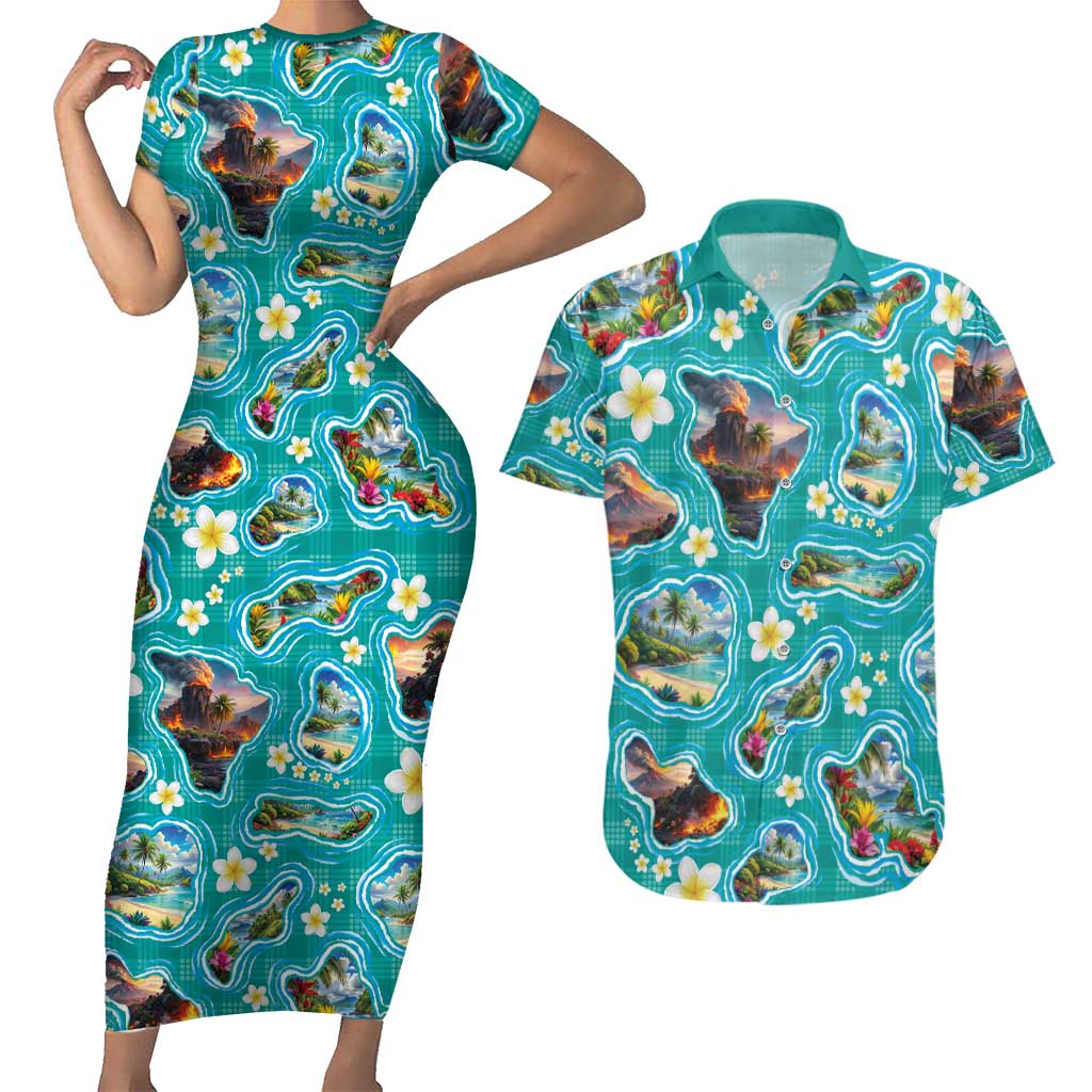 Hawaii Map with Plumeria Flower and Palaka Pattern Couples Matching Short Sleeve Bodycon Dress and Hawaiian Shirt Tropical Island Teal Design LT03 Teal - Polynesian Pride