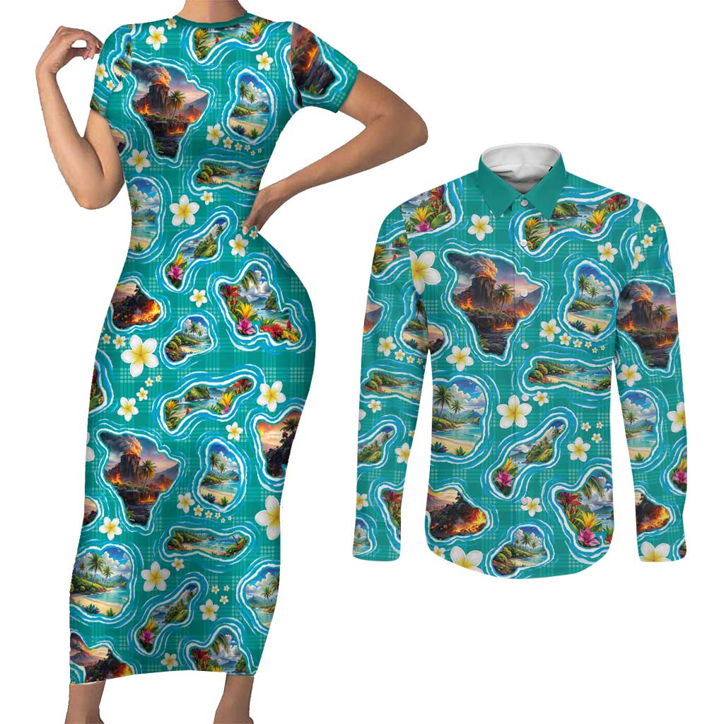 Hawaii Map with Plumeria Flower and Palaka Pattern Couples Matching Short Sleeve Bodycon Dress and Long Sleeve Button Shirt Tropical Island Teal Design