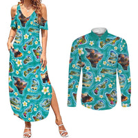 Hawaii Map with Plumeria Flower and Palaka Pattern Couples Matching Summer Maxi Dress and Long Sleeve Button Shirt Tropical Island Teal Design