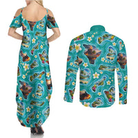 Hawaii Map with Plumeria Flower and Palaka Pattern Couples Matching Summer Maxi Dress and Long Sleeve Button Shirt Tropical Island Teal Design