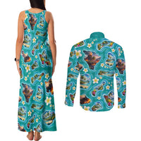 Hawaii Map with Plumeria Flower and Palaka Pattern Couples Matching Tank Maxi Dress and Long Sleeve Button Shirt Tropical Island Teal Design