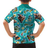 Hawaii Map with Plumeria Flower and Palaka Pattern Family Matching Long Sleeve Bodycon Dress and Hawaiian Shirt Tropical Island Teal Design