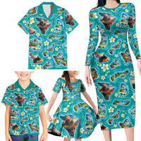 Hawaii Map with Plumeria Flower and Palaka Pattern Family Matching Long Sleeve Bodycon Dress and Hawaiian Shirt Tropical Island Teal Design