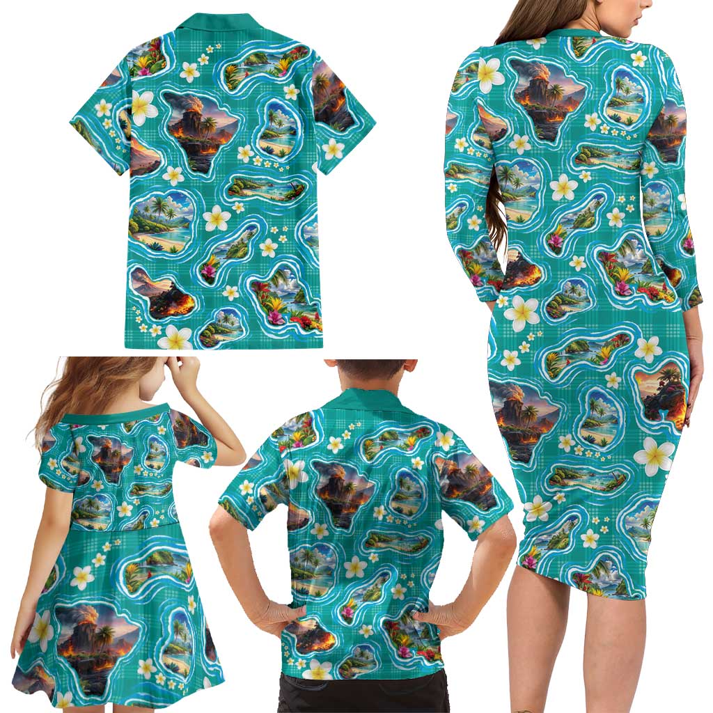 Hawaii Map with Plumeria Flower and Palaka Pattern Family Matching Long Sleeve Bodycon Dress and Hawaiian Shirt Tropical Island Teal Design