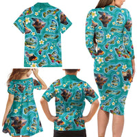 Hawaii Map with Plumeria Flower and Palaka Pattern Family Matching Long Sleeve Bodycon Dress and Hawaiian Shirt Tropical Island Teal Design