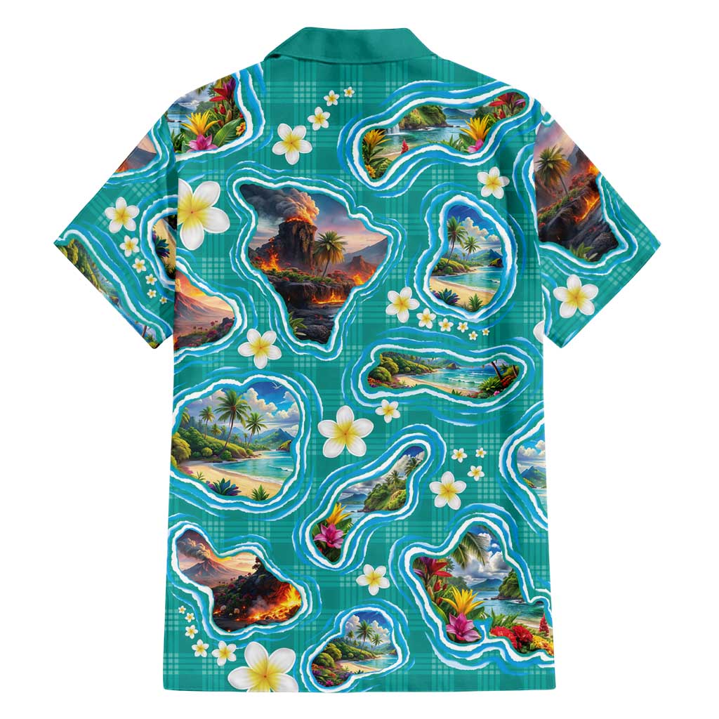 Hawaii Map with Plumeria Flower and Palaka Pattern Family Matching Long Sleeve Bodycon Dress and Hawaiian Shirt Tropical Island Teal Design
