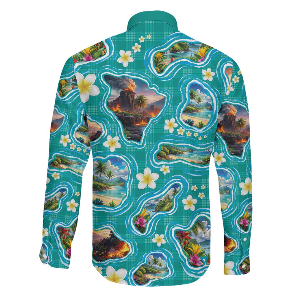 Hawaii Map with Plumeria Flower and Palaka Pattern Family Matching Long Sleeve Bodycon Dress and Hawaiian Shirt Tropical Island Teal Design