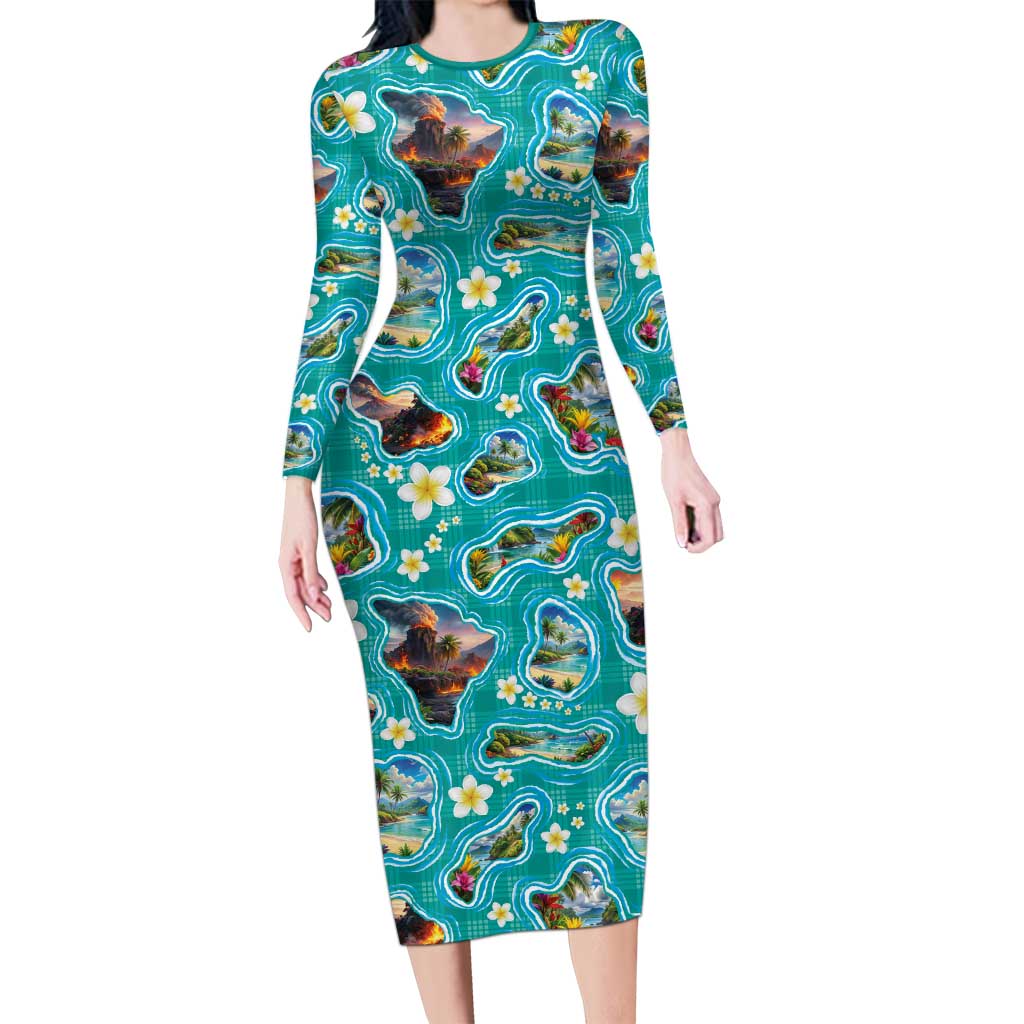 Hawaii Map with Plumeria Flower and Palaka Pattern Family Matching Long Sleeve Bodycon Dress and Hawaiian Shirt Tropical Island Teal Design