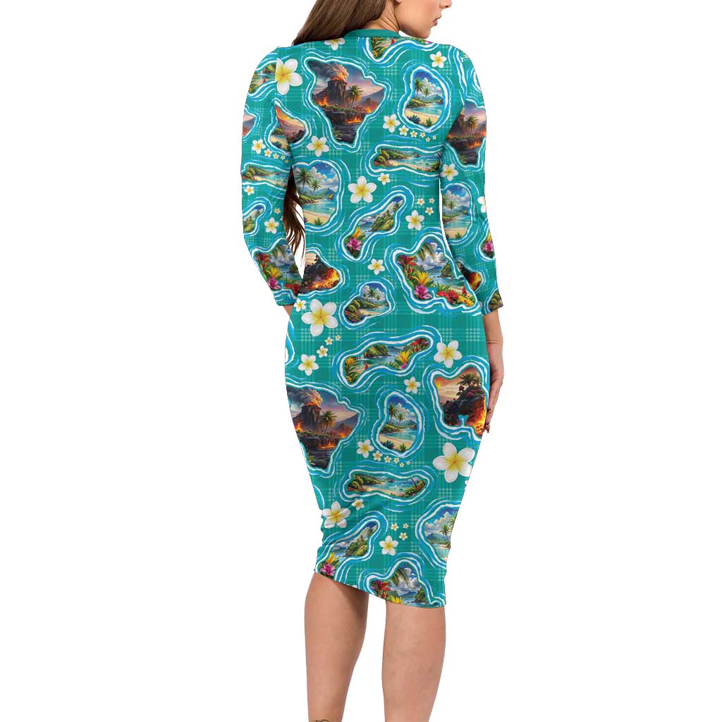 Hawaii Map with Plumeria Flower and Palaka Pattern Family Matching Long Sleeve Bodycon Dress and Hawaiian Shirt Tropical Island Teal Design