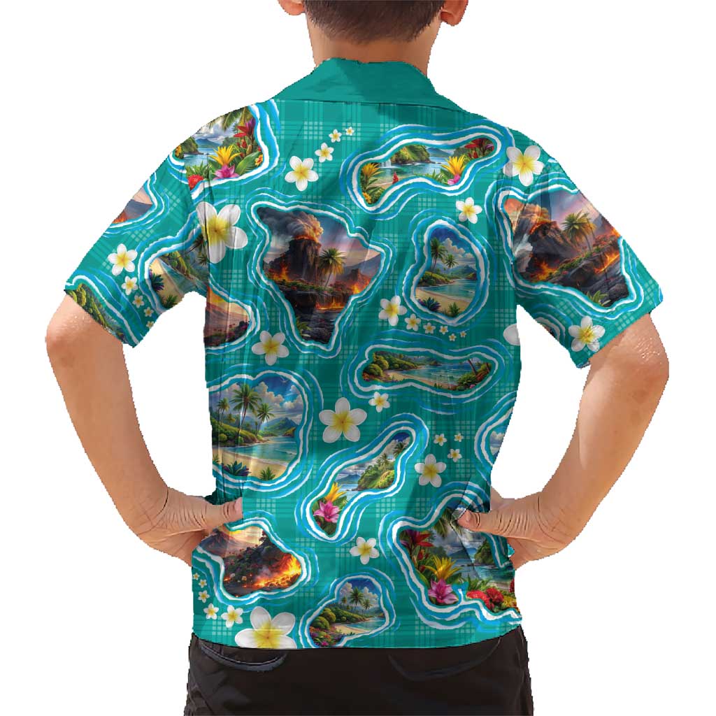 Hawaii Map with Plumeria Flower and Palaka Pattern Family Matching Off The Shoulder Long Sleeve Dress and Hawaiian Shirt Tropical Island Teal Design