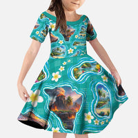 Hawaii Map with Plumeria Flower and Palaka Pattern Family Matching Off The Shoulder Long Sleeve Dress and Hawaiian Shirt Tropical Island Teal Design