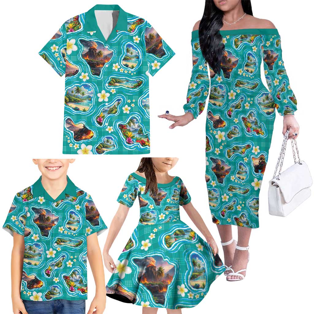 Hawaii Map with Plumeria Flower and Palaka Pattern Family Matching Off The Shoulder Long Sleeve Dress and Hawaiian Shirt Tropical Island Teal Design