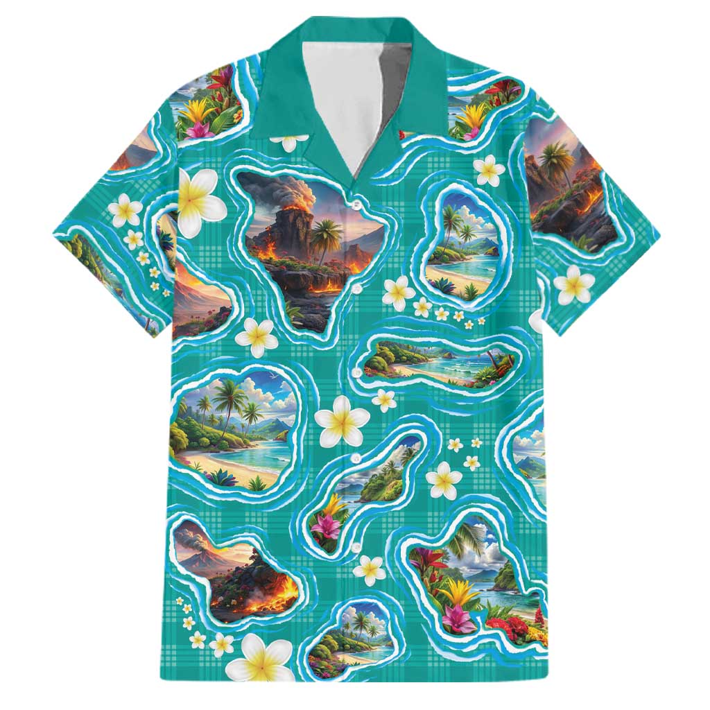 Hawaii Map with Plumeria Flower and Palaka Pattern Family Matching Off The Shoulder Long Sleeve Dress and Hawaiian Shirt Tropical Island Teal Design