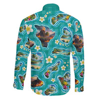 Hawaii Map with Plumeria Flower and Palaka Pattern Family Matching Off The Shoulder Long Sleeve Dress and Hawaiian Shirt Tropical Island Teal Design