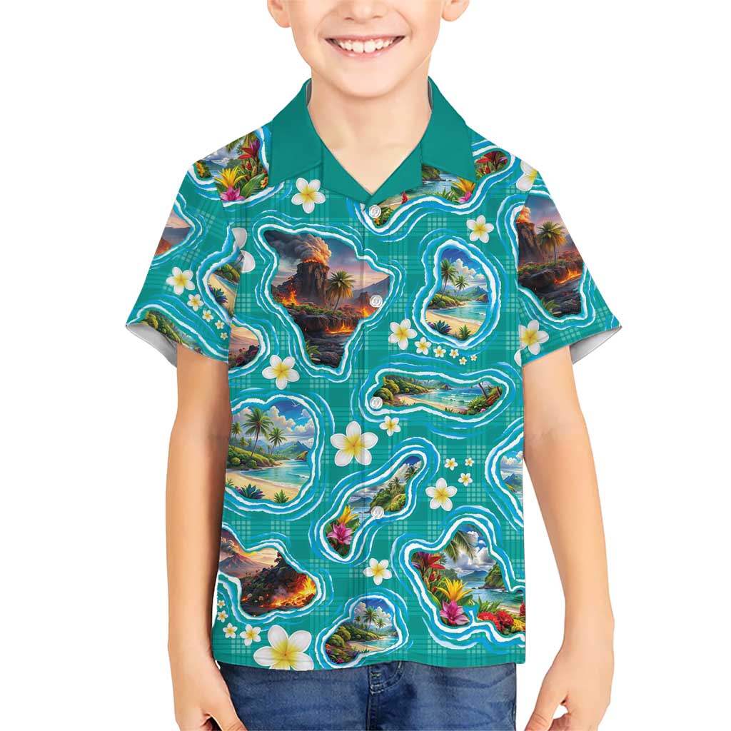 Hawaii Map with Plumeria Flower and Palaka Pattern Family Matching Off The Shoulder Long Sleeve Dress and Hawaiian Shirt Tropical Island Teal Design