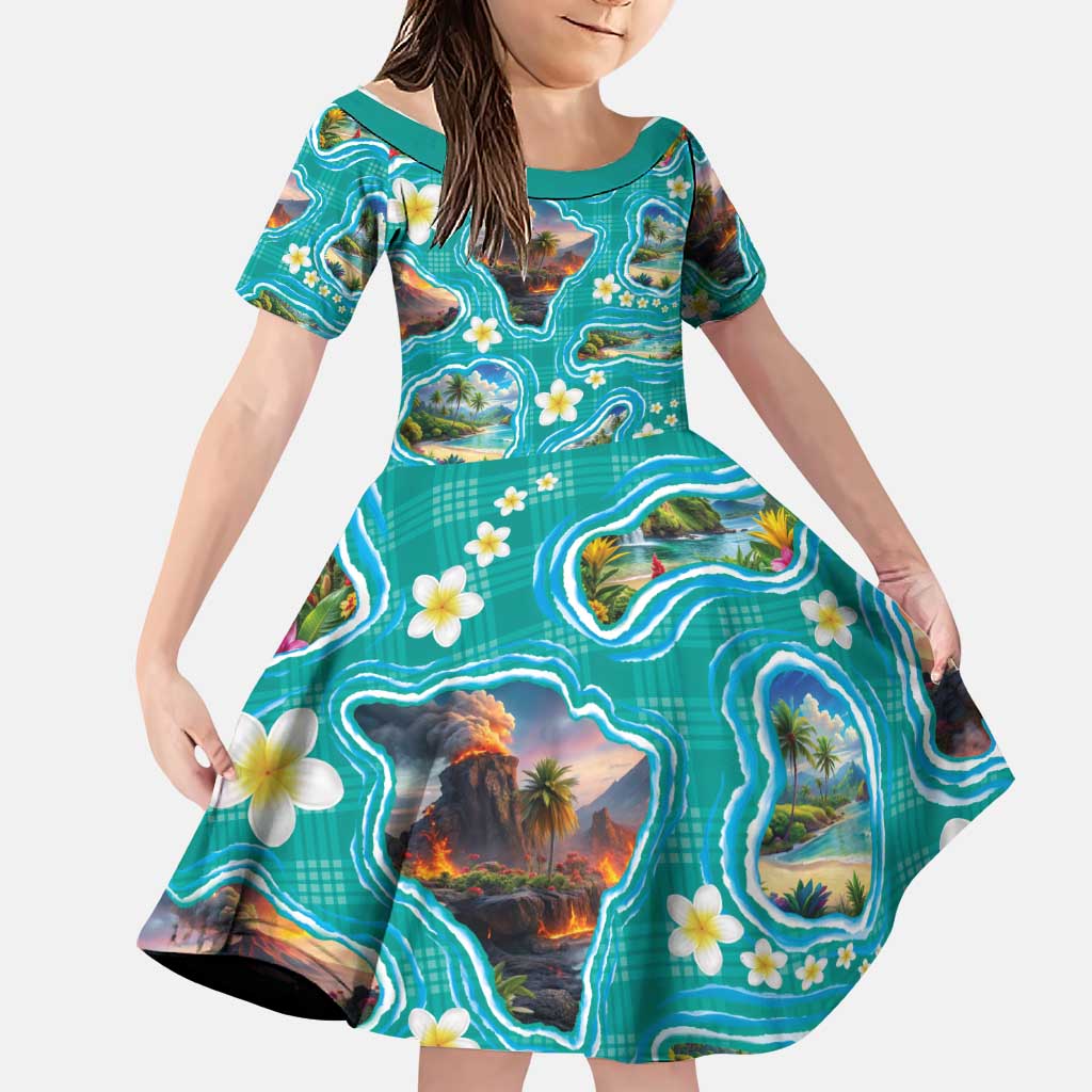 Hawaii Map with Plumeria Flower and Palaka Pattern Family Matching Puletasi and Hawaiian Shirt Tropical Island Teal Design