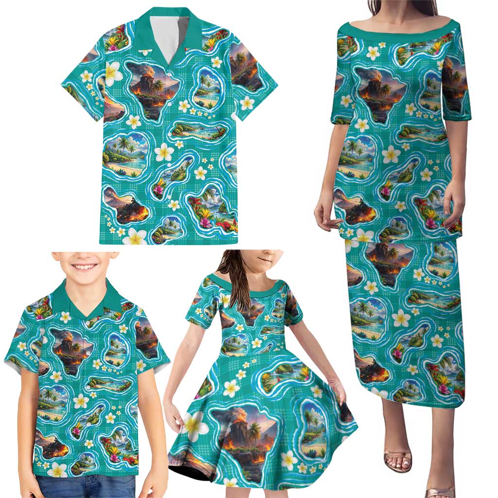 Hawaii Map with Plumeria Flower and Palaka Pattern Family Matching Puletasi and Hawaiian Shirt Tropical Island Teal Design