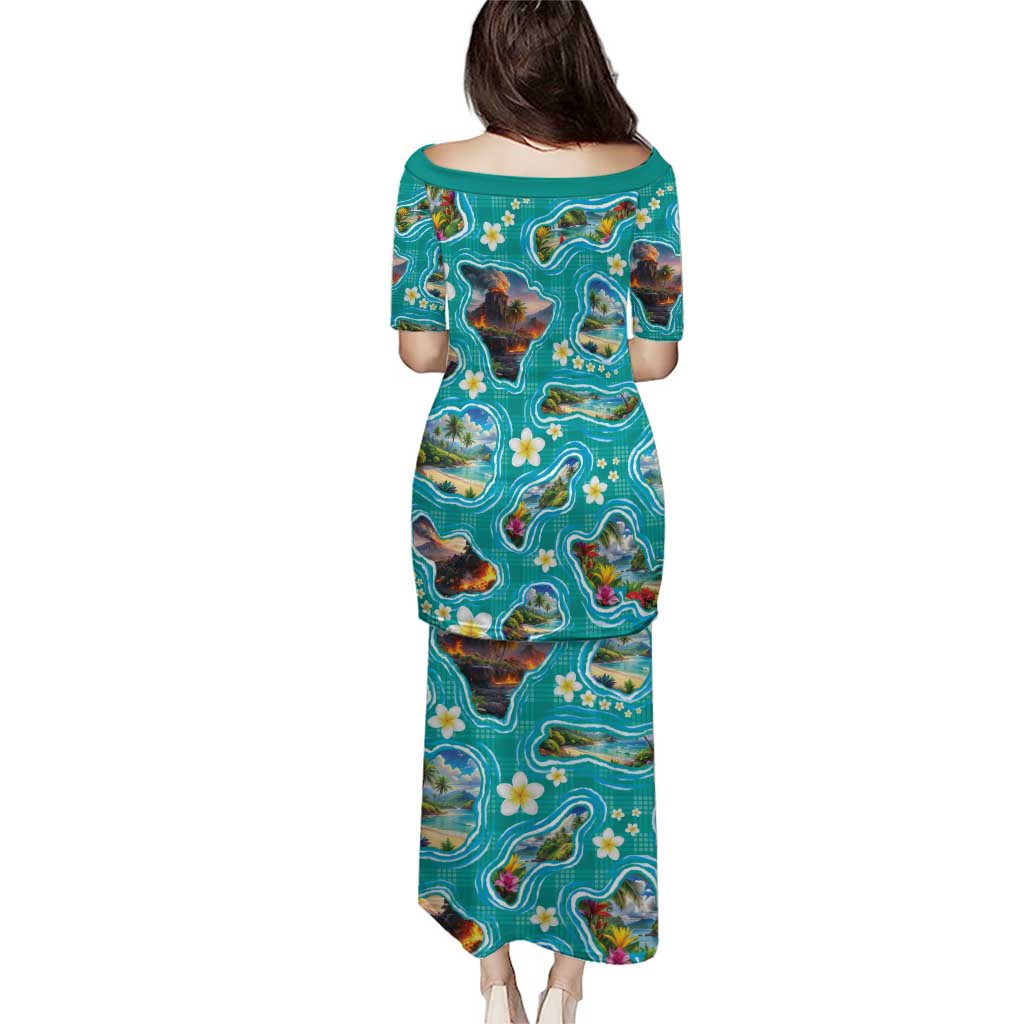 Hawaii Map with Plumeria Flower and Palaka Pattern Family Matching Puletasi and Hawaiian Shirt Tropical Island Teal Design