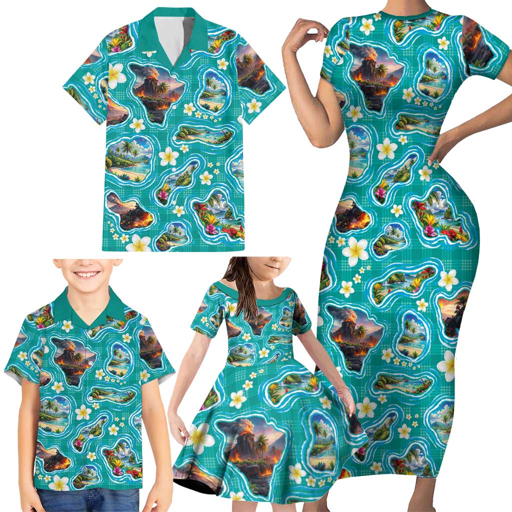 Hawaii Map with Plumeria Flower and Palaka Pattern Family Matching Short Sleeve Bodycon Dress and Hawaiian Shirt Tropical Island Teal Design