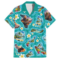 Hawaii Map with Plumeria Flower and Palaka Pattern Family Matching Short Sleeve Bodycon Dress and Hawaiian Shirt Tropical Island Teal Design