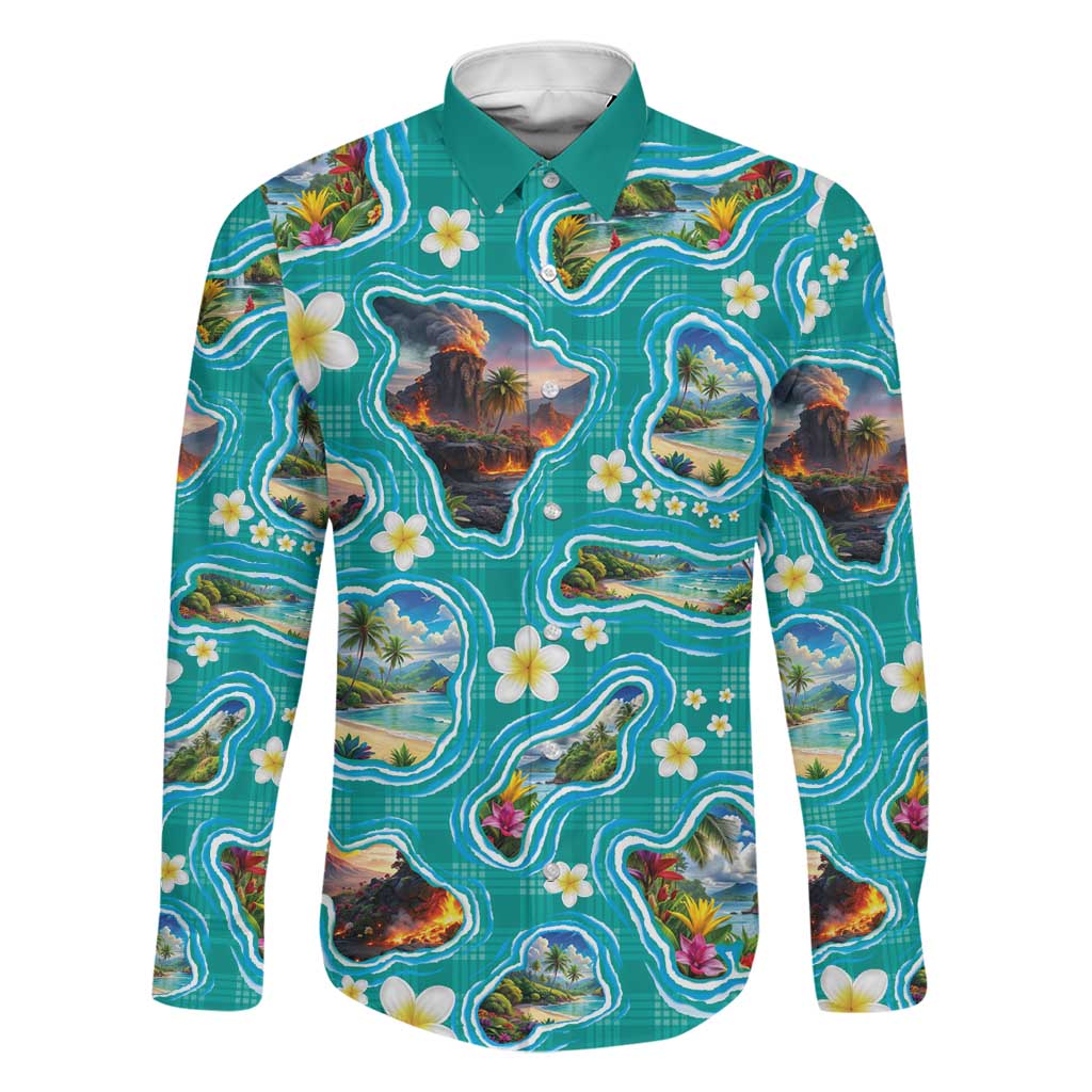 Hawaii Map with Plumeria Flower and Palaka Pattern Family Matching Short Sleeve Bodycon Dress and Hawaiian Shirt Tropical Island Teal Design